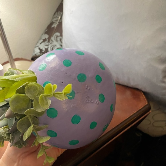 Hand crafted painted dried gourd planter purple aqua blue dots faux succulents - Picture 13 of 16